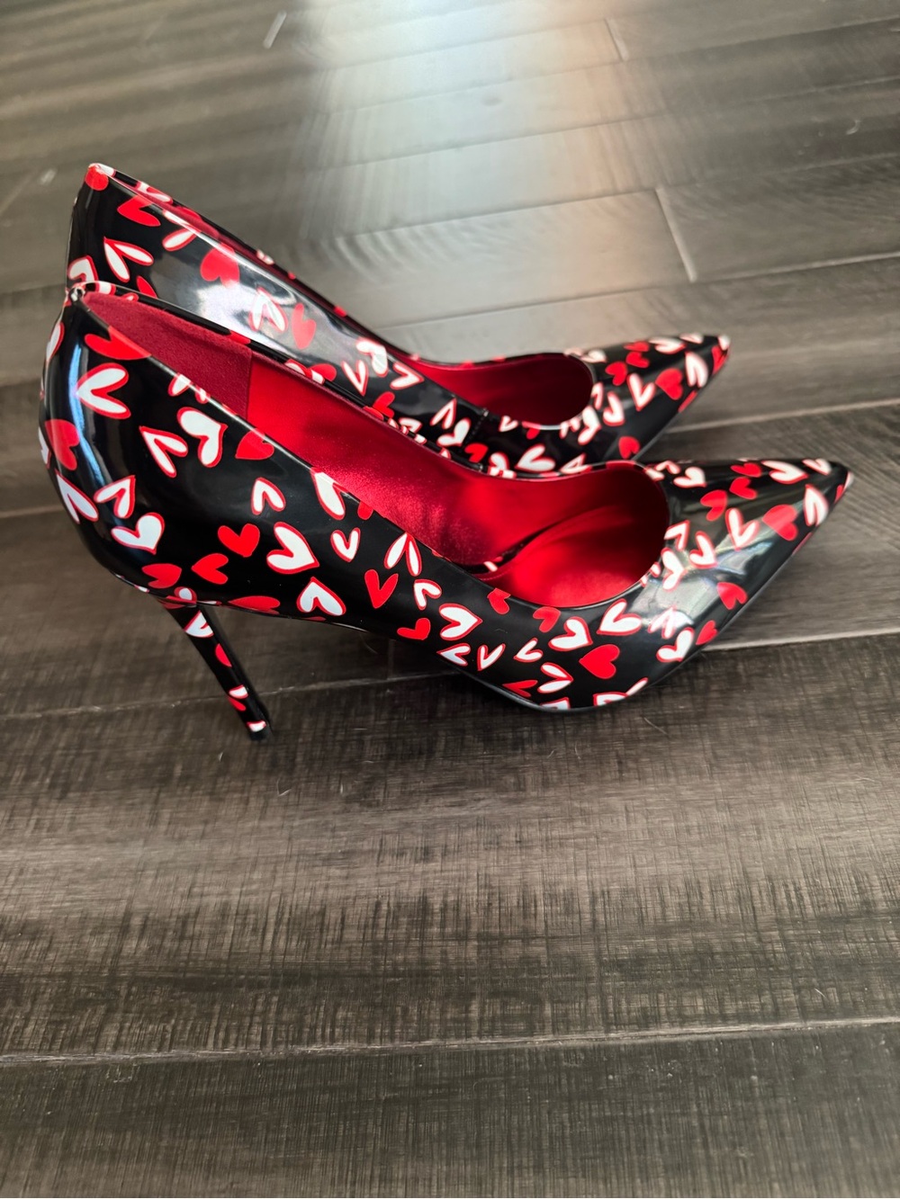 Nine West Black Patent Pointed-Toe Stilettos with Red & White Heart Print